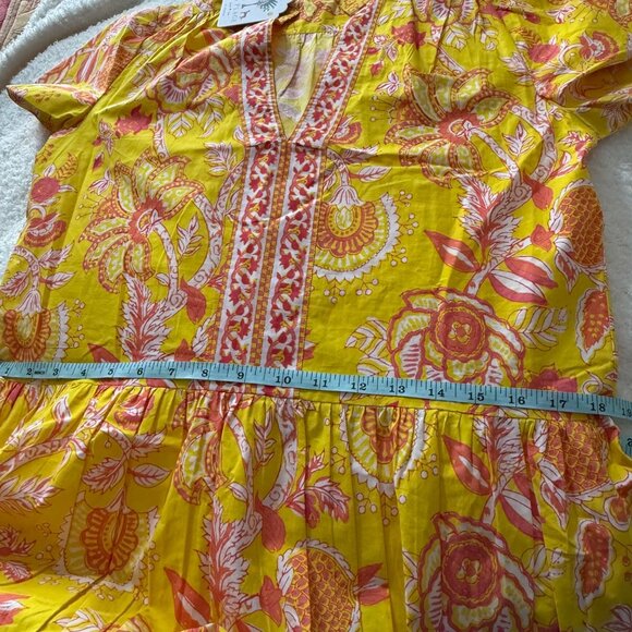 La Plage S Yellow Coral Floral Block Print Dress Short Sleeve, 100% Cotton - Picture 9 of 12
